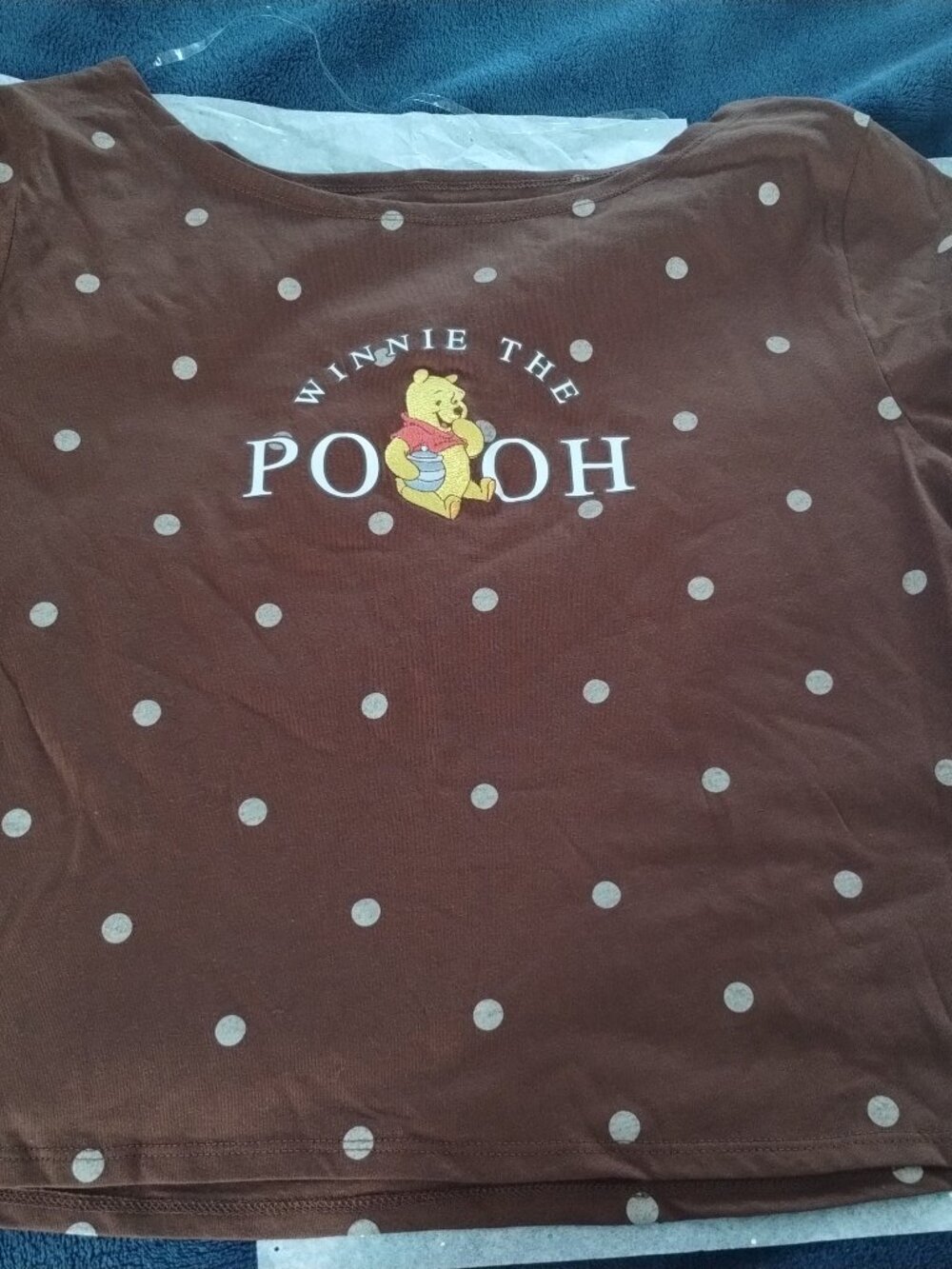 Disney woman's brown & white polka dots ,Winnie the Pooh crop top